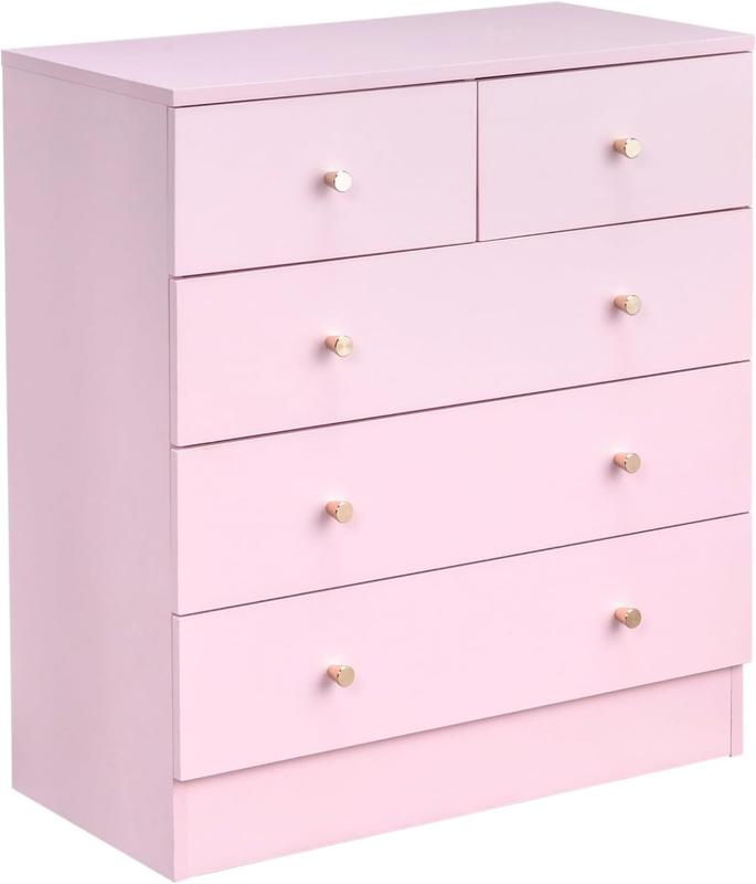 Cómoda rosa de 5 cajones para dormitorio, cómoda moderna de madera, cómodas rosas para dormitorio de niñas, dispositivo antivuelco, tirador de metal oro rosa, sala de estar, recibidor, pasillo, oficina