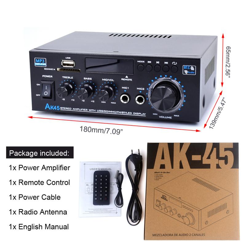 Amplificador estéreo Bluetooth 5.0 AK45 300W/AK45 Pro 400W HiFi de 2.0 canales con soporte para micrófono dual USB SD RCA para karaoke, cine en casa, fiestas y transmisión de audio. Máquina de karaoke summerwins