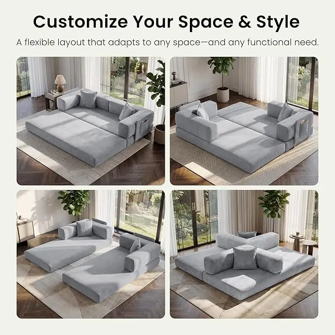 Sofá cama convertible de suelo de 78 pulgadas con espuma de alta densidad y suave pana