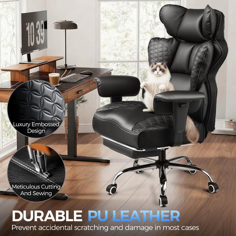 【Ofertas imperdibles】Silla de oficina grande y alta COMHOMA, soporta hasta 181 kg (400 lbs), silla ergonómica para juegos con cuero de lujo con relieve, reposapiés, reclinación de 150°, reposabrazos ajustables y respaldo con resortes ensacados.