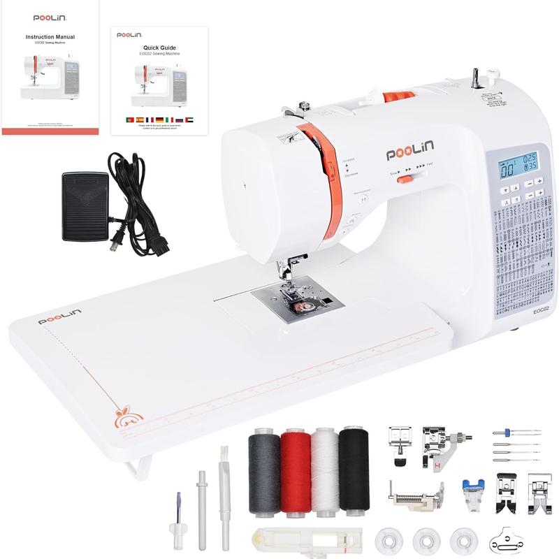 Máquina de coser electrónica PooLin EOC02RE, ideal para principiantes, modelo doméstico multifuncional con puntada invisible, opciones alfabéticas para costura DIY, puntadas incorporadas.