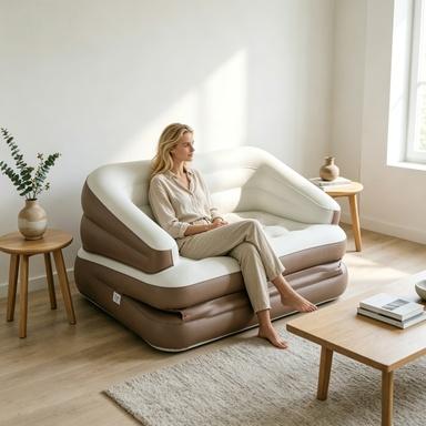 Sofá cama inflable convertible 5 en 1, tamaño individual, con respaldo alto y asiento profundo, portátil para acampar y viajar, incluye bomba de aire, diseño convertible 5 en 1, portátil y práctico.
