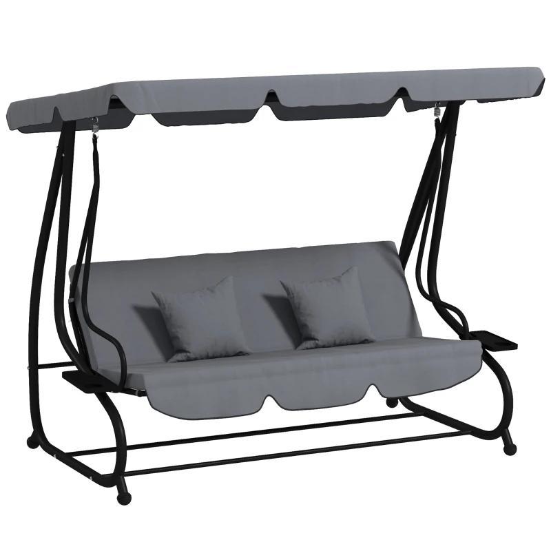 Silla colgante de exterior de 3 plazas para patio con cojín extraíble, estructura de acero y toldo inclinable ajustable para patio, jardín, piscina, balcón o terraza.