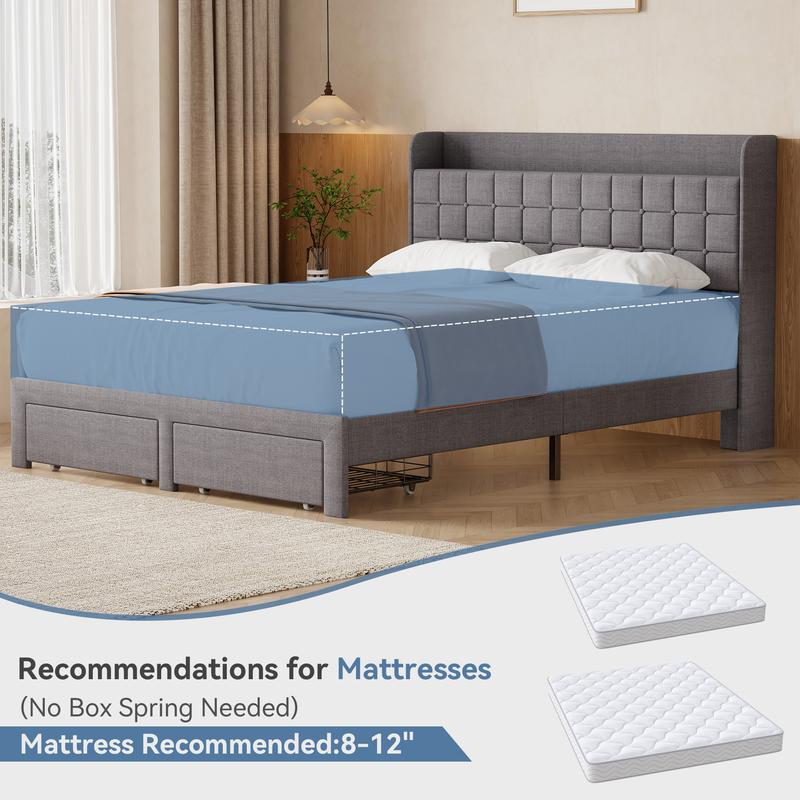 Estructura de cama híbrida resistente de metal tapizado con cabecero de tela - Tamaño Queen/King, 2 cestas de almacenamiento de metal, fácil montaje, decoración contemporánea para el hogar, muebles para apartamentos.