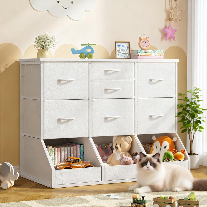 Organizador de almacenamiento Raybee de 99 cm de ancho con 7 cajones con cierre, 3 cajones con diseño de apertura espaciosa, estantería alta y librería para niños y niñas, cómoda moderna, mueble para el hogar que ahorra espacio para sala de juegos, aula, 
