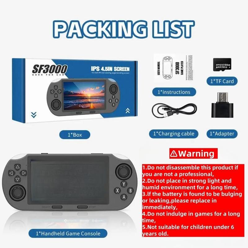 Consola de juegos portátil retro SF3000 con pantalla IPS de 4,5 pulgadas, batería de 3000 mAh y tarjeta TF de 16 GB para niños. Regalo ideal para niños. Accesorios para juegos. Cables para juegos. Gadgets geniales. Consola de juegos compacta. Consolas de