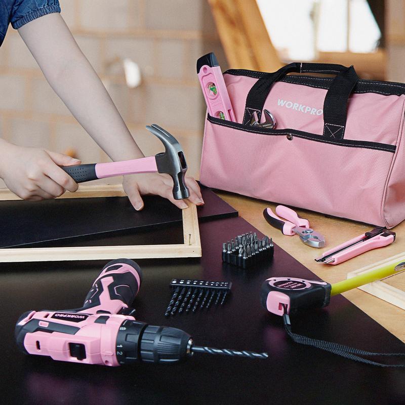 #rebajasdeverano WORKPRO Taladro atornillador inalámbrico rosa de 12 V y kit de herramientas para el hogar, juego de herramientas manuales para bricolaje y mantenimiento del hogar, incluye bolsa de almacenamiento de 35 cm - Cinta rosa