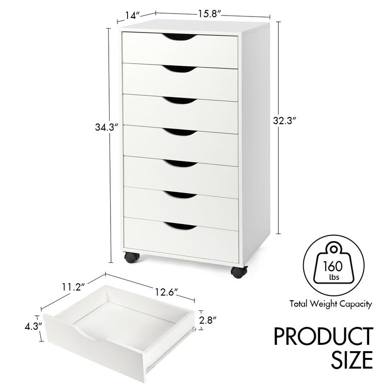 Organizador de almacenamiento VOWNER de 7 cajones, cómoda alta con ruedas, cajones Alex, organizador de tocador para maquillaje, oficina en casa, dormitorio.