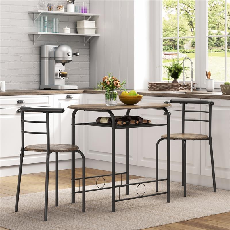 Juego de mesa de comedor de 3 piezas, mesa de cocina y sillas para 2 personas con patas de acero y estante de almacenamiento para cocina, apartamento o espacio pequeño.