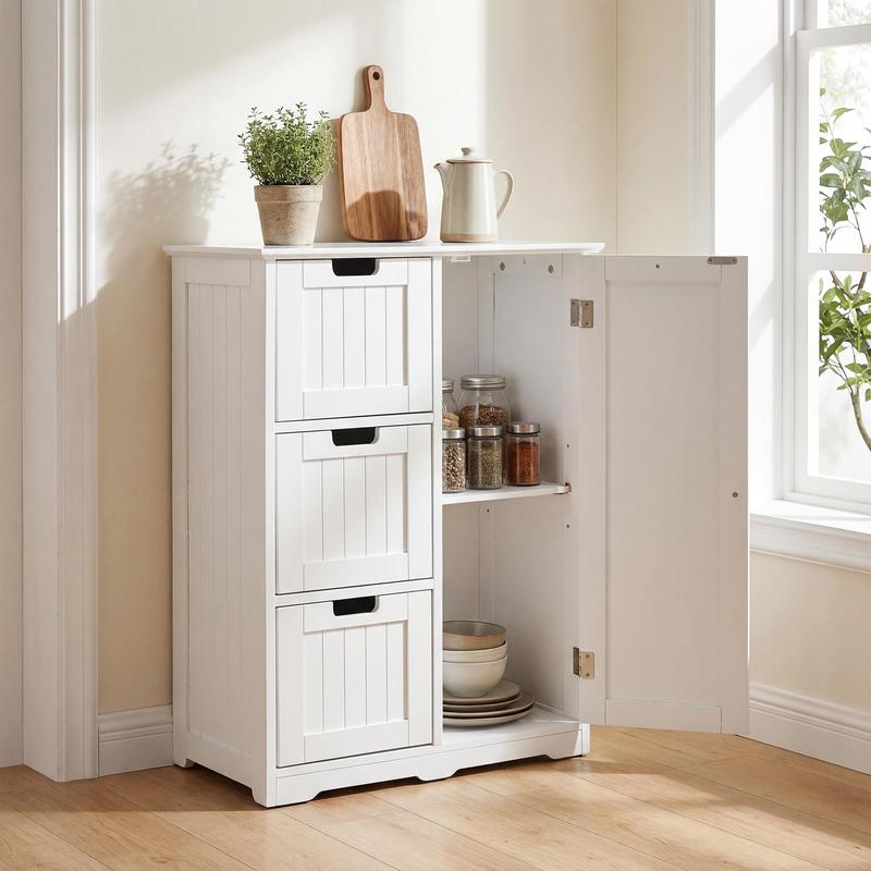 Mueble de baño moderno de madera blanca para suelo - Armarios de madera, doble cajón, organizador de almacenamiento multicompartimento con 3 cajones, 2 estantes, armarios con doble cajón