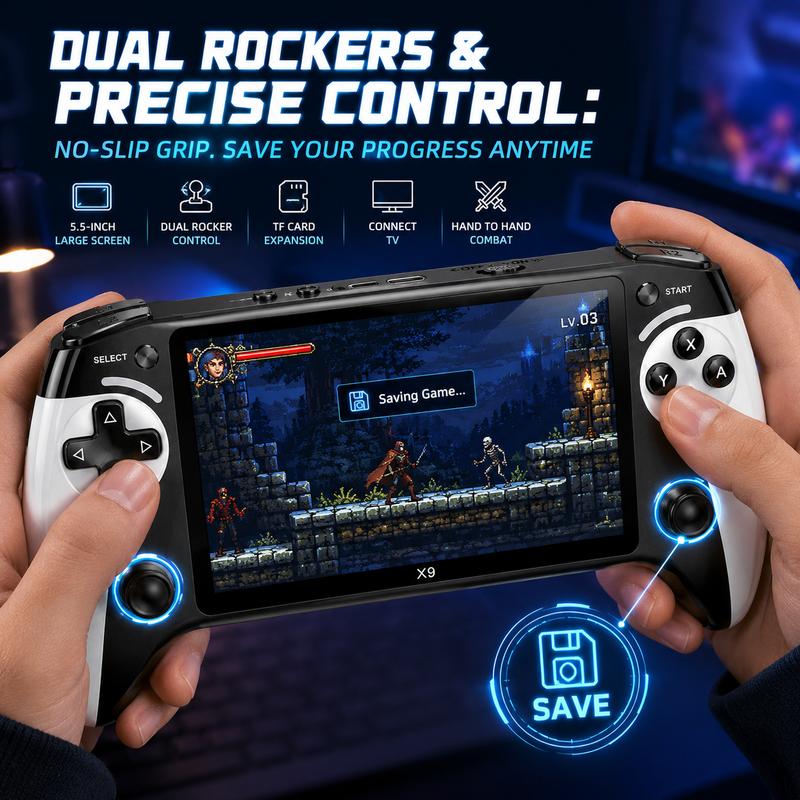 Consola de juegos portátil X9, pantalla HD de 5,5 pulgadas, compatible con miles de juegos, ideal para juegos retro, relajación en casa, reuniones con amigos y como regalo perfecto para fiestas, vacaciones, familia, amigos, Navidad y San Valentín.