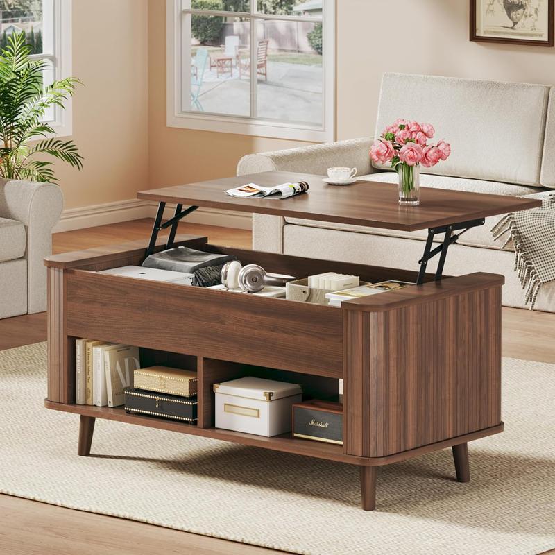 Mesa de centro elevable con almacenamiento, mesa de centro moderna de mediados de siglo de 104 cm con diseño de perfil estriado y curvo, compartimento de almacenamiento oculto, mesa de centro con estante inferior para sala de estar u oficina, roble.