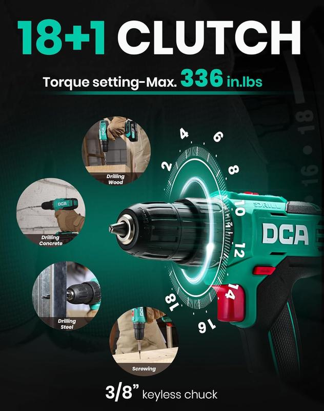 【Garantía de 5 años】Taladro inalámbrico DCA de 20 V, juego de 25 piezas, 28 ft・lb de torque, portabrocas sin llave de 3/8", batería de 2.0 Ah y cargador, 18+1 ajustes de embrague, ideal para bricolaje en el hogar, montaje de muebles, plomería, perforación