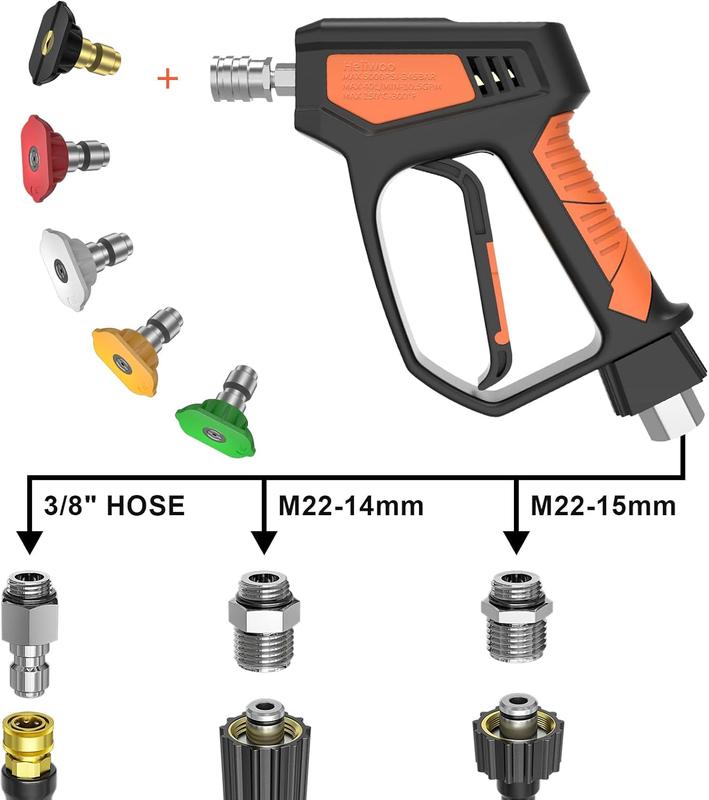 Pistola pulverizadora para hidrolavadora de alta presión Heliwoo, 5000 PSI/10.5 GPM, herramienta de hardware de alto caudal, enchufe giratorio de 3/8", conexiones M22-14mm/M22-15mm, 5 boquillas, construcción de acero inoxidable, compatible con la mayoría