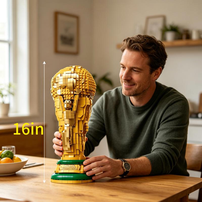 Set oficial para construir trofeos - Kit para exhibir en el dormitorio, la oficina en casa o la estantería - Artículo de colección para aficionados al fútbol - Incluye minifigura de 2026 - Regalo para aficionados
