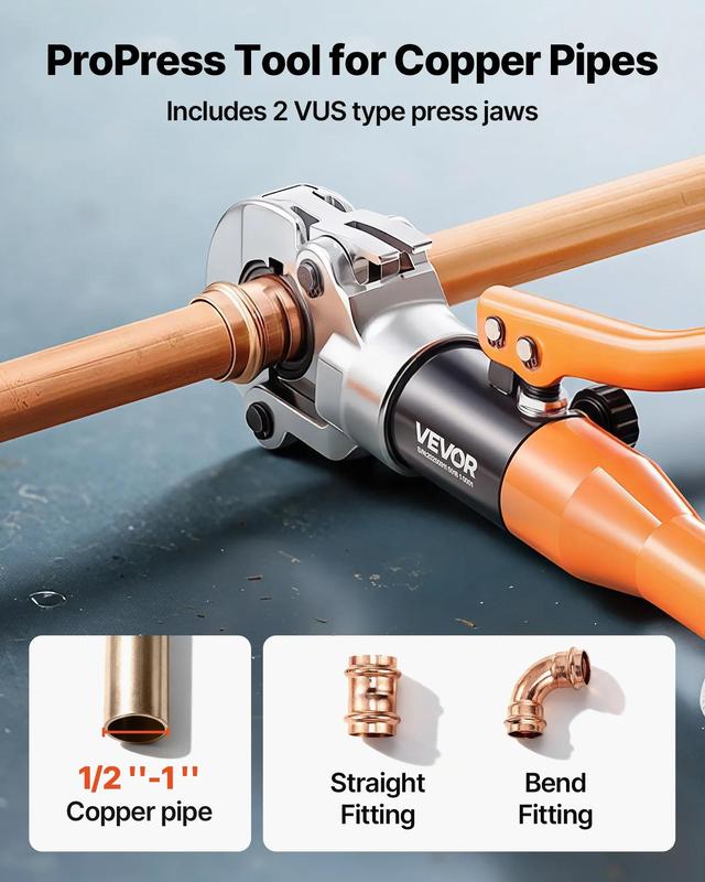 【OfertasParaTi】Herramienta de engaste de tuberías de cobre VEVOR. Herramientas y dispositivos de prensado profesional accionados hidráulicamente con mordazas de 1/2", 3/4" y 1". Engastadora de accesorios de tubería de cobre para espacios estrechos y acces