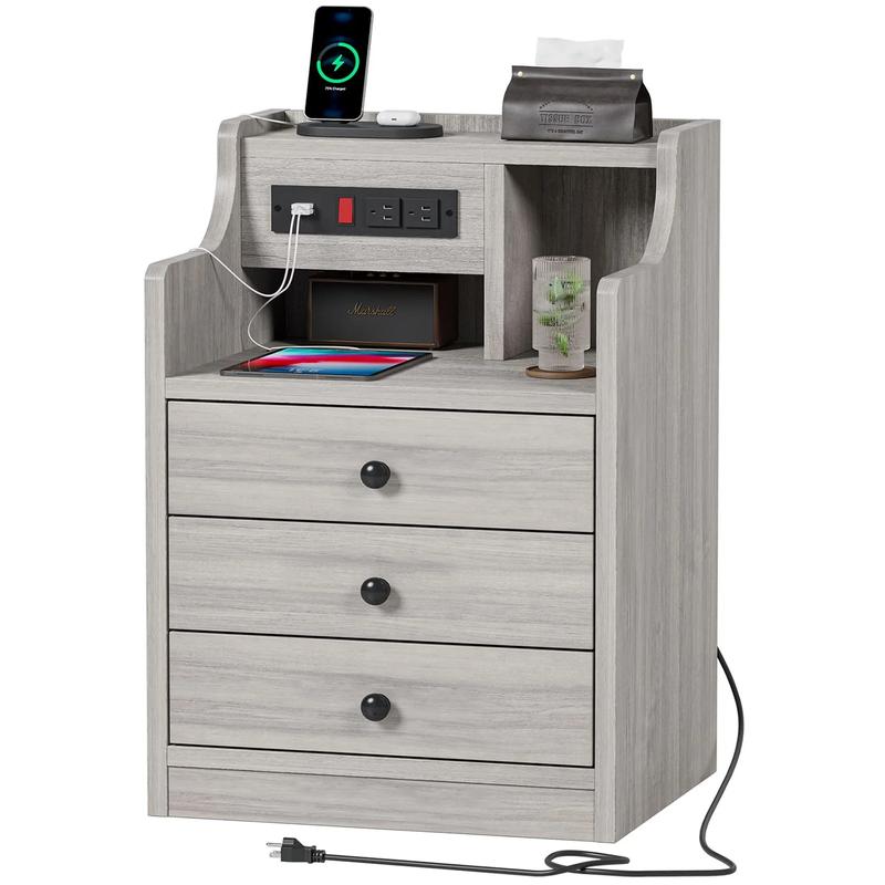Mesita de noche gris con 3 cajones y estación de carga. Mesita de noche moderna con 2 puertos USB y 2 tomas de corriente para teléfonos y tabletas. Ideal para los artículos esenciales del dormitorio.