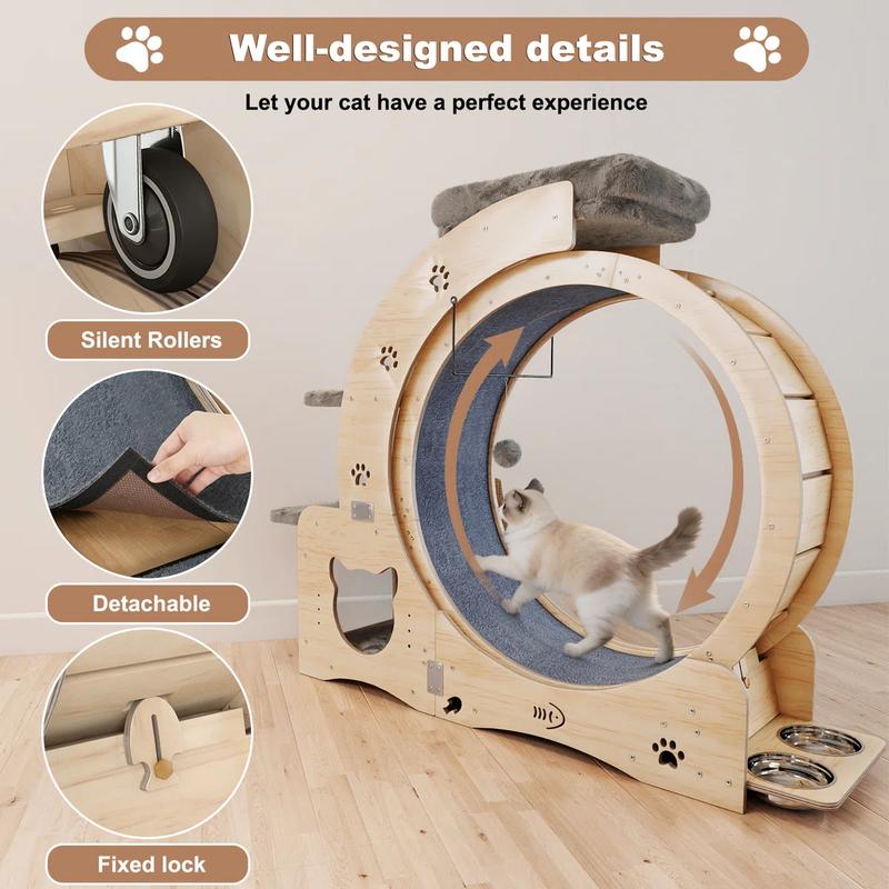 NAVINE Rueda de ejercicio para gatos de 40" para gatos de interior, cinta de correr para gatos con nido, rueda con cierre de seguridad, rascador, casita, escalera y comedero.
