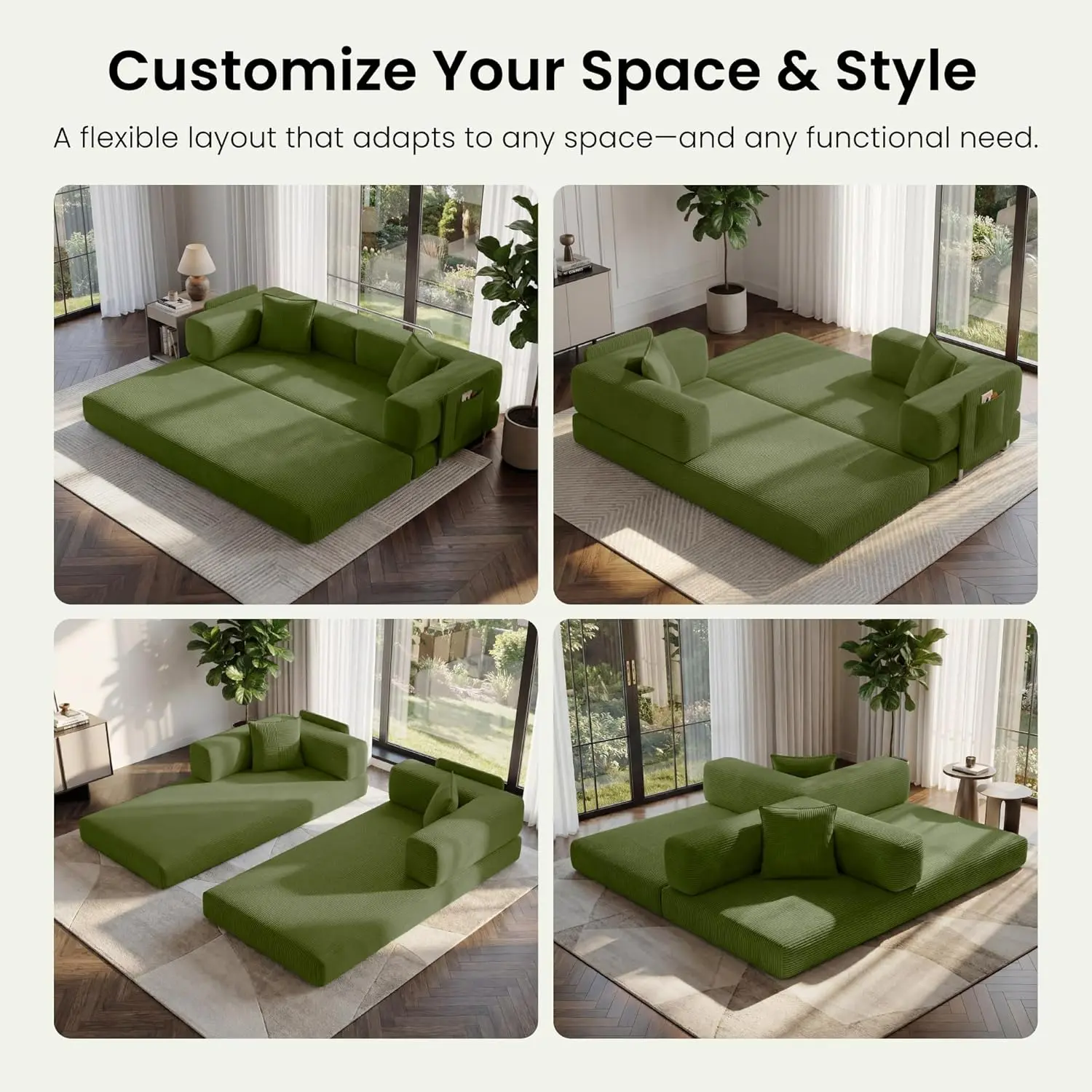Sofá cama convertible de suelo de 78 pulgadas con espuma de alta densidad y suave pana