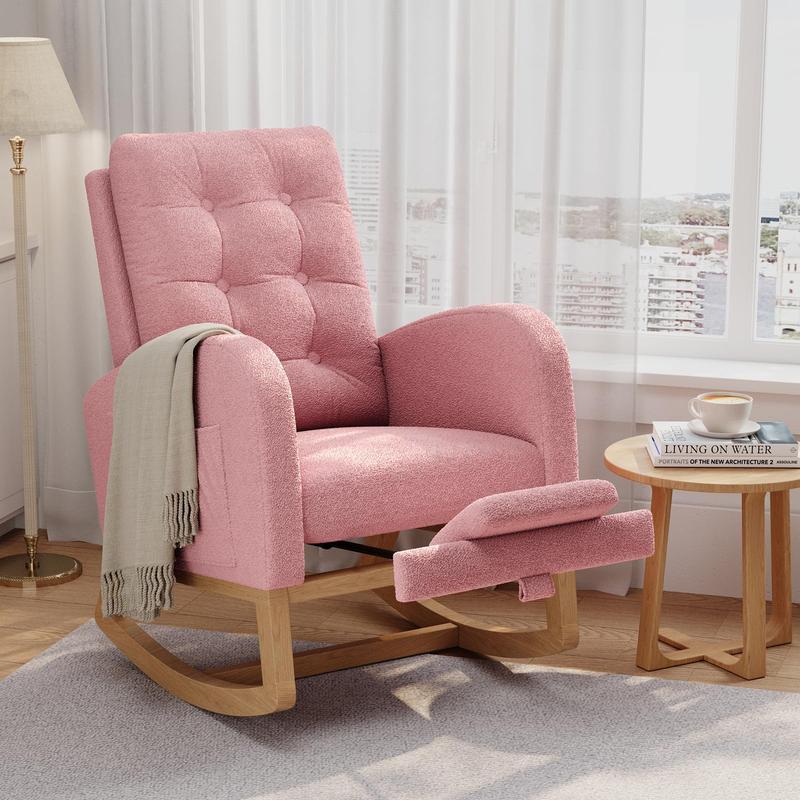 Mecedora reclinable moderna para guardería con carga USB, sillón mecedora tapizado de estilo mediados de siglo con respaldo alto, bolsillo lateral y patas de madera resistentes para cuarto de lactancia, dormitorio o sala de estar.