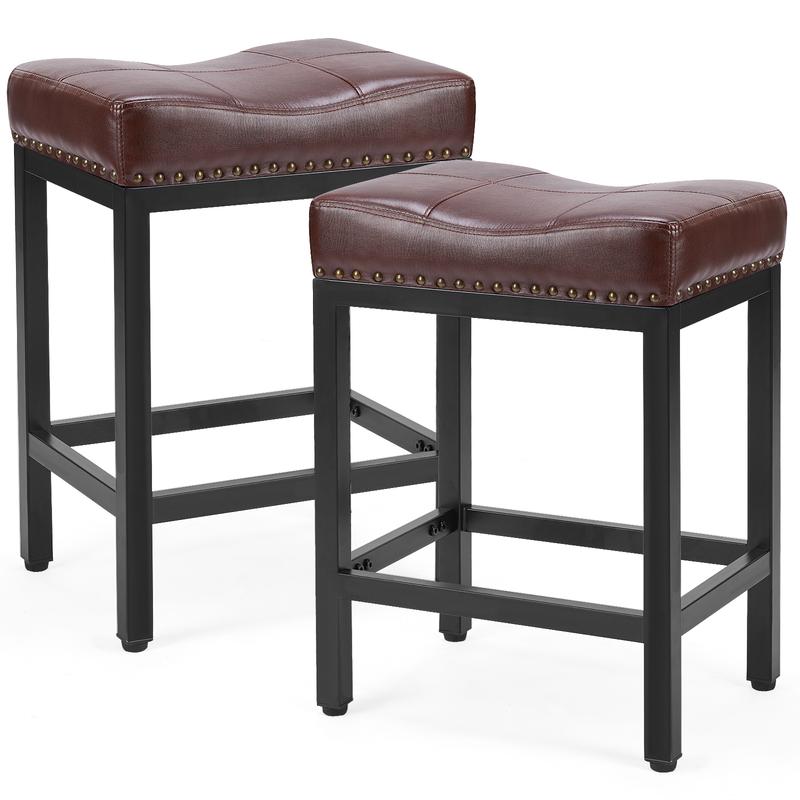 Taburetes ergonómicos sin respaldo de 61 cm (24 pulgadas) de cuero sintético, paquete de 2 - Sillas de interior con base totalmente metálica, fácil montaje, estilo bohemio rústico, muebles de bar para el hogar, cocina, cafetería, happy hour en casa, silla