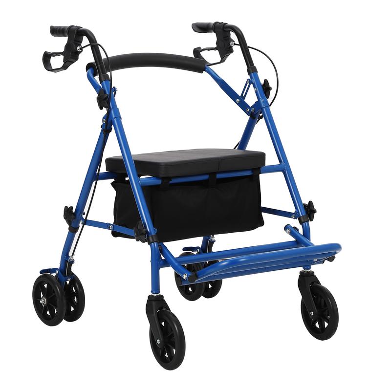 Andador plegable Garvee para personas mayores, asiento y respaldo acolchados, asas ergonómicas, bolsa de almacenamiento, reposapiés resistente, color azul.