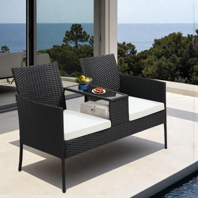 Conjunto de conversación de mimbre para patio de 2 plazas, sofá de dos plazas de ratán para exteriores con mesa, fundas de cojín lavables, patio trasero, jardín, césped, ratán negro con cojín negro, jardín de verano, decoración del hogar, artículos esenci