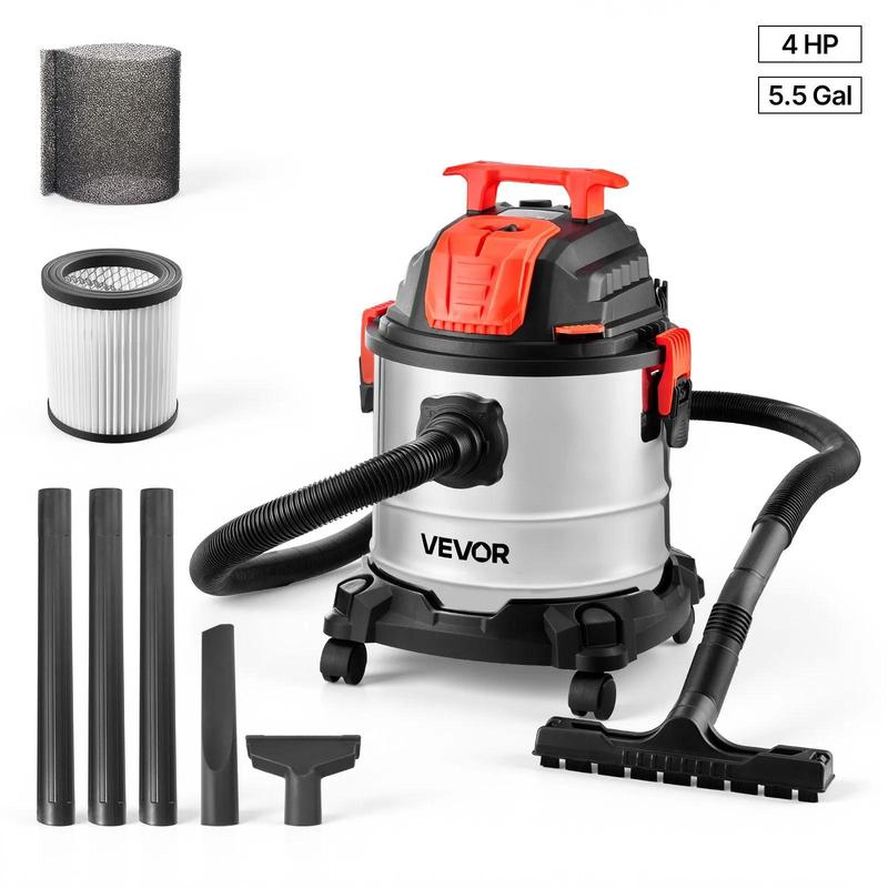 Aspiradora industrial VEVOR, 5.8 galones (21.9 litros) para uso en seco y húmedo, 4 HP de potencia máxima con autolimpieza de un botón, doble filtro, 900 W de potencia de entrada, manguera de 3.17 cm x 2.13 m, cable de 3 m, tanque metálico para obras, tal