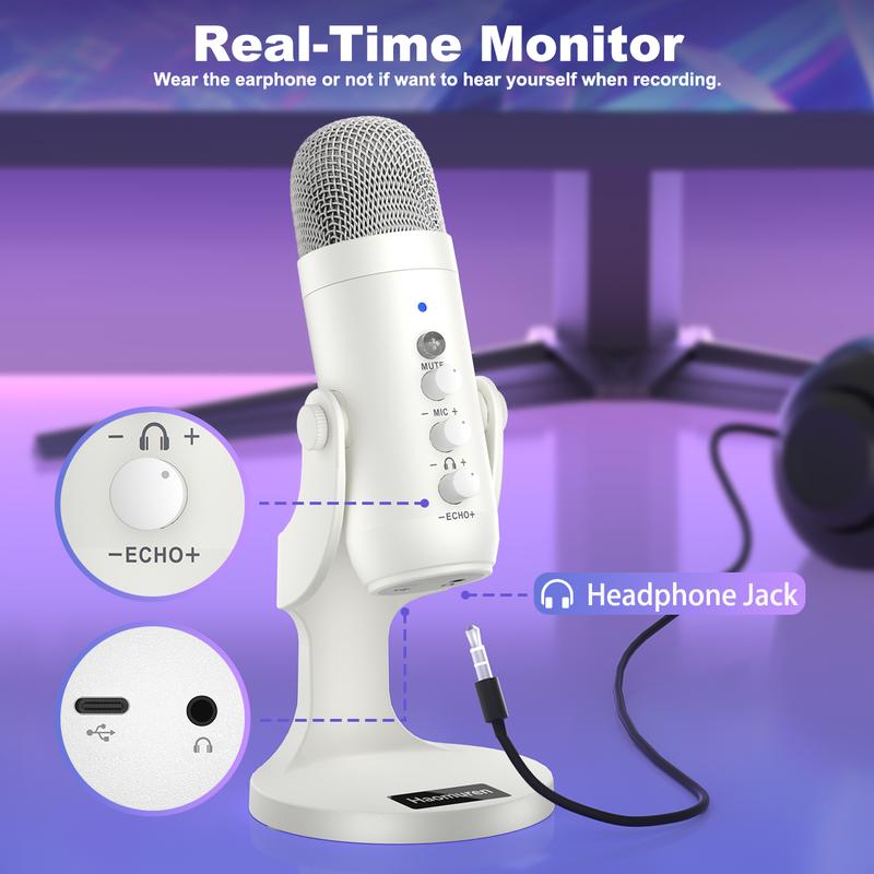 Micrófono de condensador USB Haomuren K66 [sin adaptador Lightning], micrófono para juegos de PC, micrófonos Plug & Play para PS4 y PS5. Ajuste de monitor y control de volumen, control de ganancia del micrófono, botón de silencio para TikTok, YouTube Podc