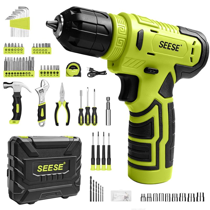 Juego de herramientas SEESE de 126 piezas: kit con taladro atornillador inalámbrico de 8 V con estuche de almacenamiento, herramientas eléctricas para bricolaje para trabajos de cercas, decoración del hogar, montaje de muebles y reparaciones cotidianas.