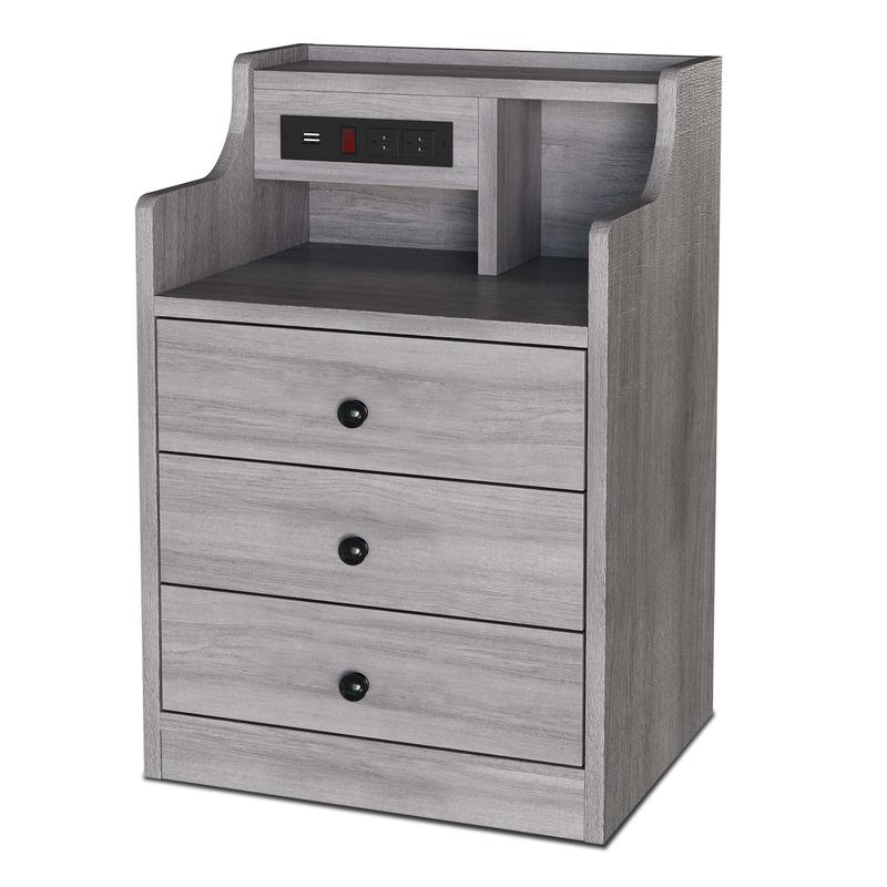Mesita de noche gris con 3 cajones y estación de carga. Mesita de noche moderna con 2 puertos USB y 2 tomas de corriente para teléfonos y tabletas. Ideal para los artículos esenciales del dormitorio.