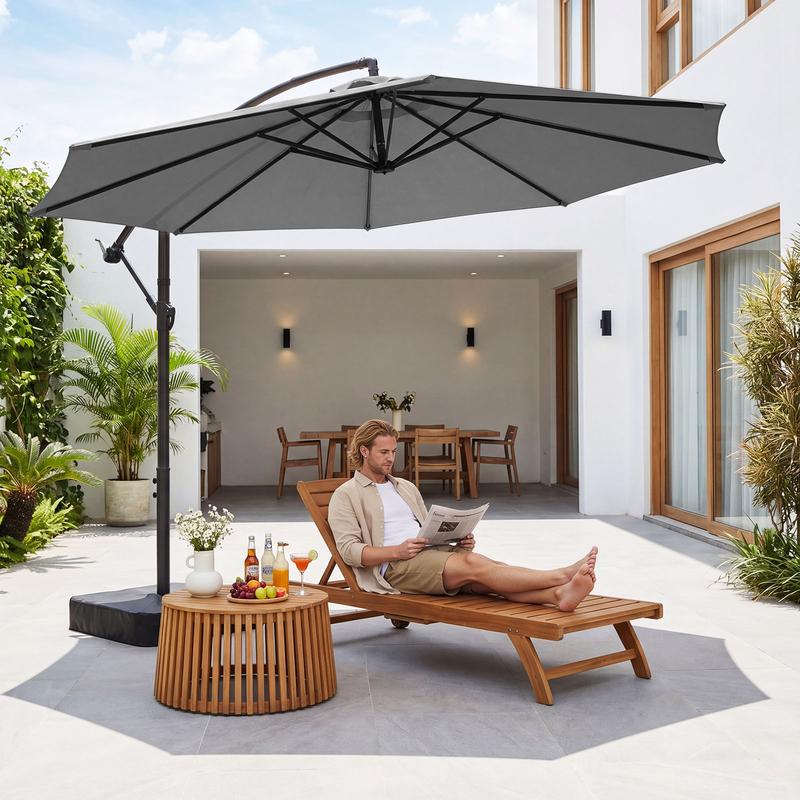 Sombrilla de patio voladiza Docred de alta resistencia con base incluida, sombrilla de exterior de 3 metros con rotación de 360° e inclinación infinita, conjuntos de muebles de patio, toldo teñido en hilo resistente a la decoloración, estructura de acero
