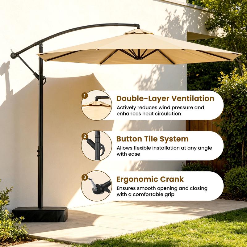 Sombrilla de patio voladiza Docred de alta resistencia con base incluida, sombrilla de exterior de 3 metros con rotación de 360° e inclinación infinita, conjuntos de muebles de patio, toldo teñido en hilo resistente a la decoloración, estructura de acero