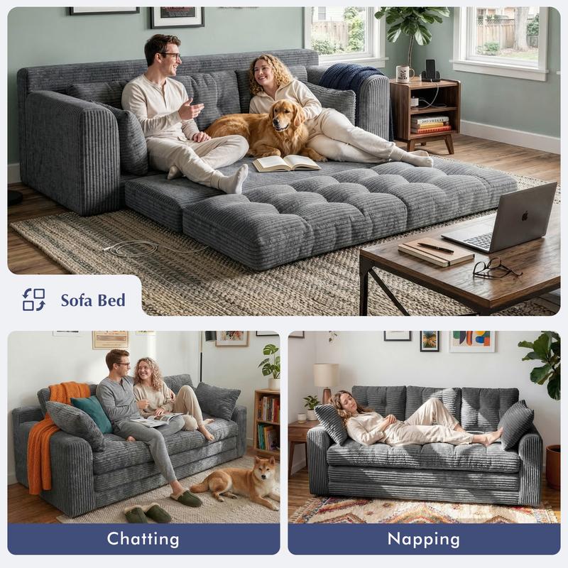Sofá cama plegable convertible Raybee de 2-3 plazas, sofá cama extraíble sin estructura con almohadas, sofá de suelo plegable tapizado en pana con capitoné, cómodo salón con espuma de alta resiliencia y alta densidad para espacios pequeños, sala de estar