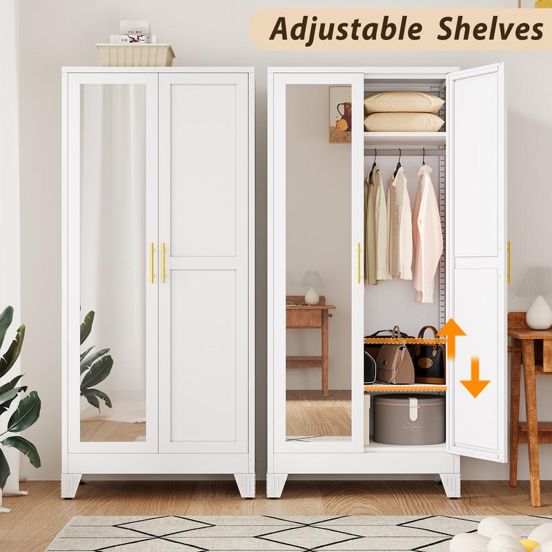Armario metálico para ropa con espejo, armario de 180 cm con 2 puertas con espejo, estantes ajustables y barra para colgar ropa para dormitorio.
