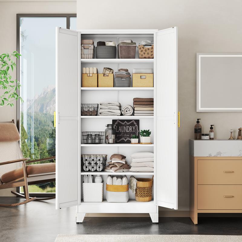 Armario despensa metálico con 2 puertas y 5 estantes ajustables, 190 cm (75"), armarios de almacenamiento de cocina con tiradores dorados, almacenamiento versátil para lavadero, sala de estar, baño, comedor, cuarto de servicio, organizador de muebles para