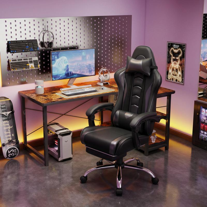 Silla ergonómica para videojuegos con soporte lumbar con masaje, reposapiés y reposacabezas retráctiles – Silla de oficina reclinable de cuero sintético, silla de escritorio giratoria con ruedas para jugadores altos.
