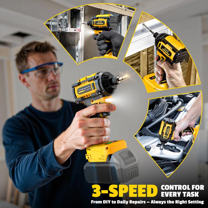 Kit combinado de taladro inalámbrico y atornillador de impacto compatible con baterías DeWalt/Milwaukee, atornillador sin escobillas de 1/4" y taladro eléctrico de 3/8" con luz LED. Regalo ideal para el Día del Padre.