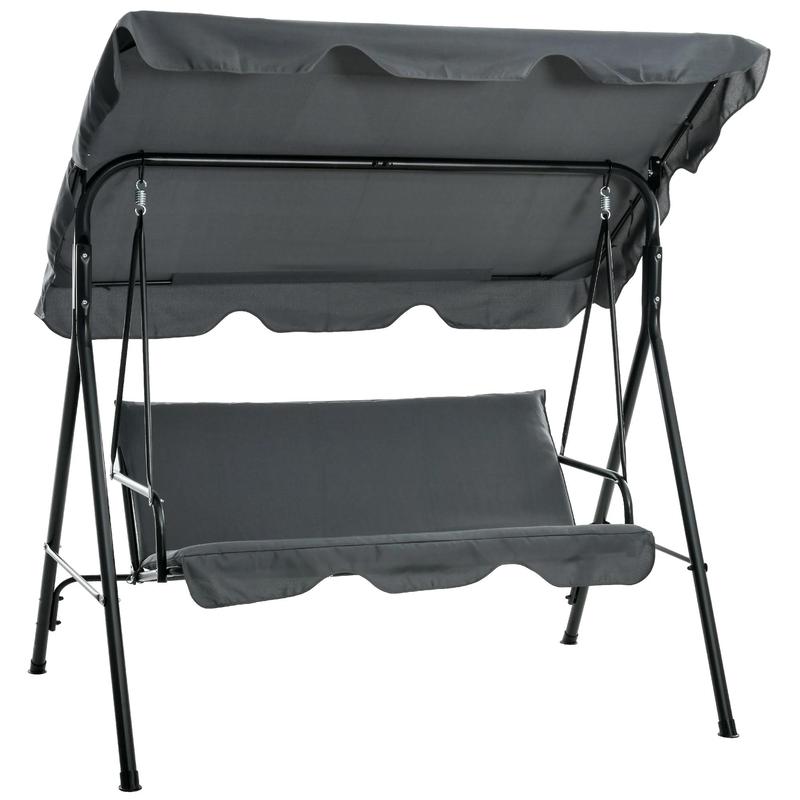 Silla colgante de exterior de 3 plazas para patio con cojín extraíble, estructura de acero y toldo inclinable ajustable para patio, jardín, piscina, balcón o terraza.