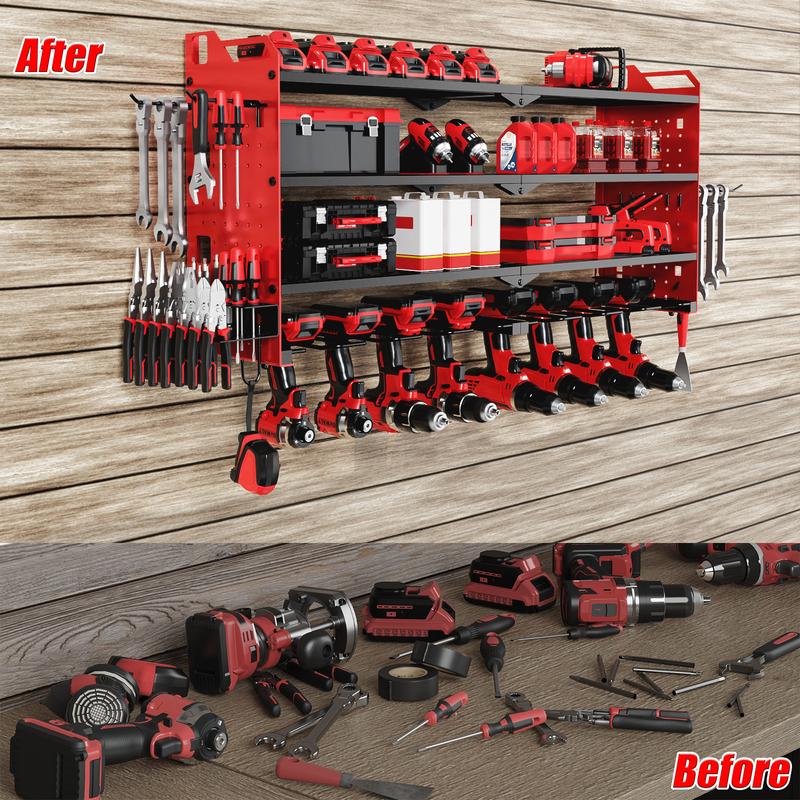 Organizador de herramientas eléctricas de montaje en pared, organizador de taladros inalámbricos, estante de herramientas de gran capacidad de 4 niveles con 8 soportes para taladros, resistente.