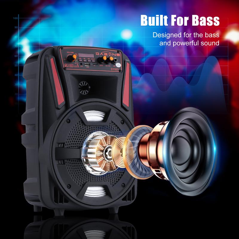 Altavoz portátil Bluetooth PA con subwoofer de 8", altavoz inalámbrico recargable con micrófono, radio FM y LED.