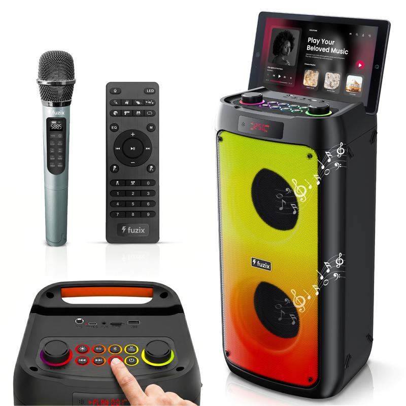 Altavoz portátil Bluetooth Fuzix Pulse de 30 W para fiestas, micrófono inalámbrico para karaoke, luces LED dinámicas, emparejamiento estéreo TWS, radio FM, Bluetooth 5.3, carga USB-C, entrada AUX, tarjeta TF y MicroSD, control remoto, perillas de eco y ec