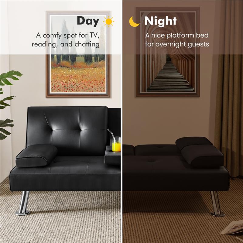 【Mayor área para dormir】Sofás y cama futón convertibles modernos de piel sintética Yaheetech con 2 cojines decorativos y portavasos abatibles, sofá futón ajustable 3 en 1