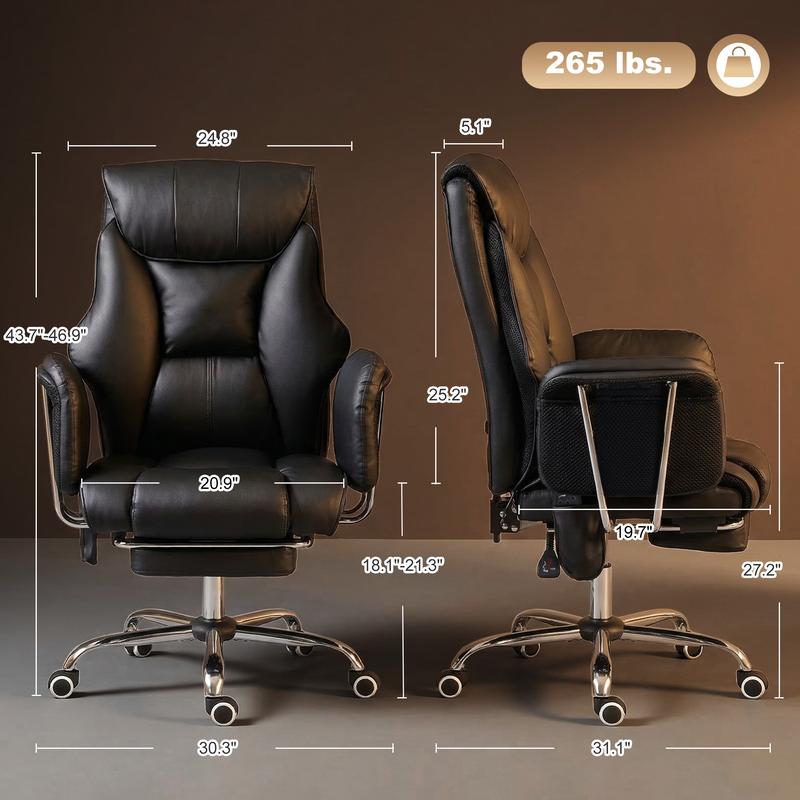 Sillón de oficina con masaje y vibración de 6 puntos, sillón reclinable acolchado con respaldo alto, tapizado en cuero sintético, reposapiés, cojín de muelles grueso, soporte lumbar, altura ajustable y ruedas giratorias.
