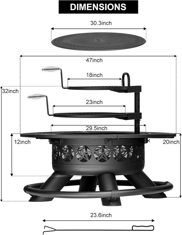 Brasero de exterior de 119 cm con 2 parrillas, brasero de barbacoa extragrande para exteriores, brasero redondo de metal con tapa y atizador, chimenea de exterior de leña 3 en 1 para patio trasero, terraza o fogata.