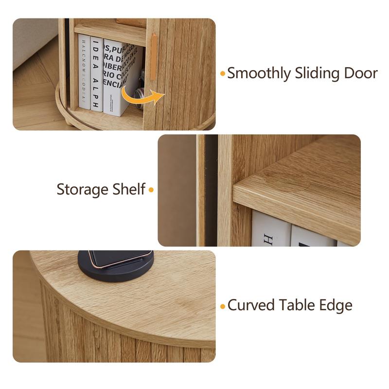 Mesita auxiliar redonda estriada Giratree con estación de carga, mesa auxiliar pequeña de estilo rústico con puerta corredera y almacenamiento, mesitas de noche estriadas de madera de mediados de siglo para sala de estar y dormitorio.