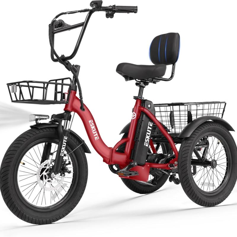 Triciclo eléctrico plegable ESKUTE T300 de fácil acceso para personas mayores, 1200 W de potencia máxima, batería de 624 Wh, neumáticos anchos de 18x3.0, autonomía máxima de 55 millas, diferencial trasero, acelerador con asistencia al pedaleo ajustable, r
