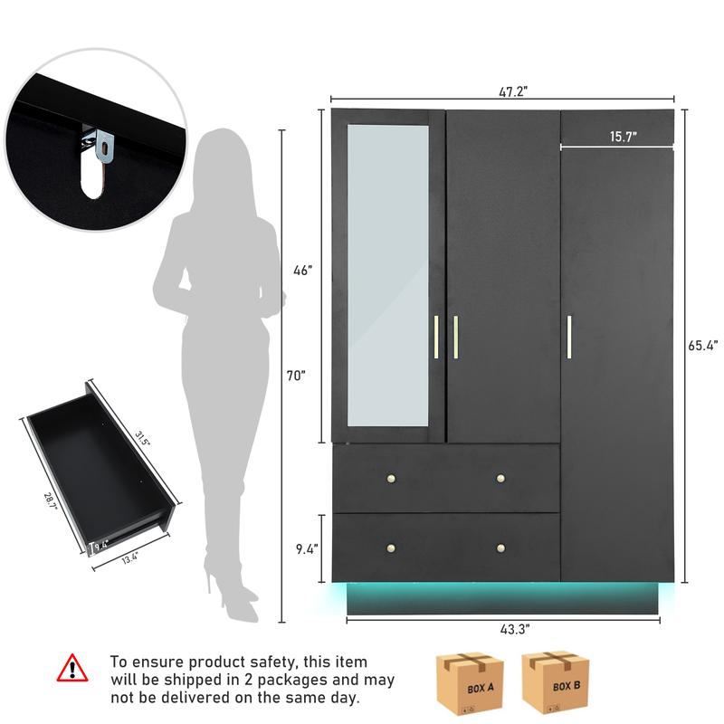 Armario moderno de 2/3 puertas con espejo, 2 cajones y luces LED RGB, armario con barra para colgar ropa para almacenamiento en el dormitorio, artículos esenciales para dormitorios, decoración del hogar