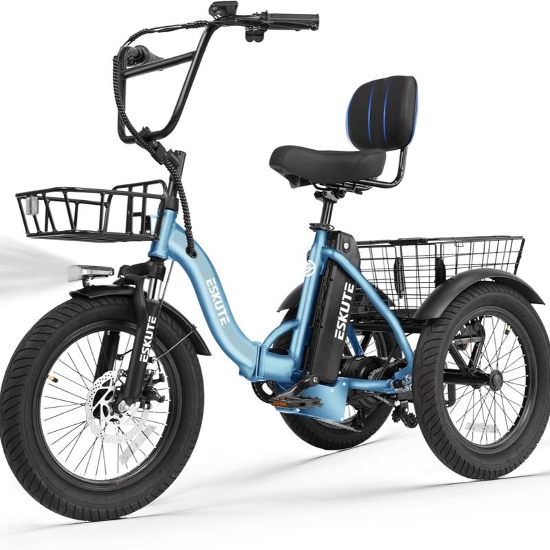 Triciclo eléctrico plegable ESKUTE T300 de fácil acceso para personas mayores, 1200 W de potencia máxima, batería de 624 Wh, neumáticos anchos de 18x3.0, autonomía máxima de 55 millas, diferencial trasero, acelerador con asistencia al pedaleo ajustable, r