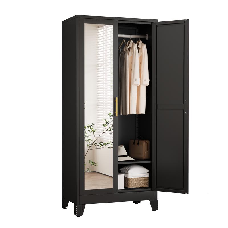 Armario metálico para ropa con espejo, armario de 180 cm con 2 puertas con espejo, estantes ajustables y barra para colgar ropa para dormitorio.